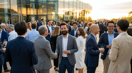Obraz premium Business Networking Event at Modern Venue: A vibrant outdoor gathering where professionals connect and converse amidst the contemporary architecture of a modern building at sunset.