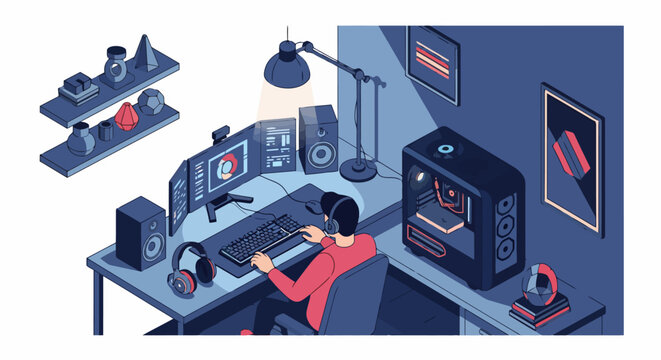 Isometric illustration of a person playing video games on a powerful desktop computer setup.