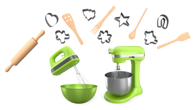 Stand mixer, hand mixer, bowls, wooden utensils, rolling pin, cookie cutters on white background. Concept of baking essentials