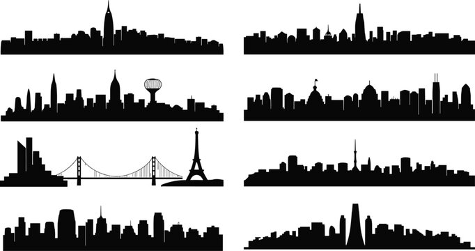 City skyline silhouettes New York London Paris Tokyo Dubai Chicago Washington Shanghai architecture landmarks vector illustration black design collection
