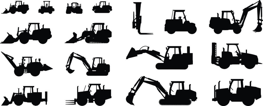 Construction machinery silhouettes excavators bulldozers forklifts tractors backhoes heavy equipment vehicles industrial machines illustration set isolated black vector design