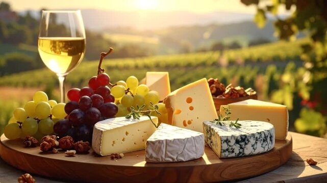 A wooden platter of assorted cheeses, grapes, nuts and a glass of wine