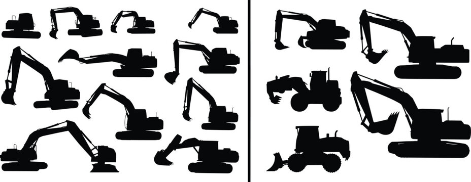 Construction vehicle silhouettes excavators backhoes loaders heavy machinery illustration set isolated black design equipment collection industrial machines graphic vector art