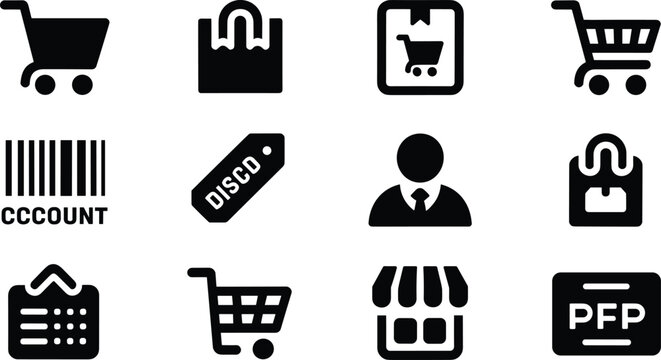 Shopping retail icons silhouettes carts bags discount barcode storefront basket customer e‑commerce illustration set black vector design collection