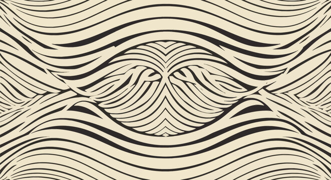 Symmetric abstract pattern featuring flowing curved lines and organic wavy motifs in dark brown and cream tones, suitable for background textures and decorative textile design.