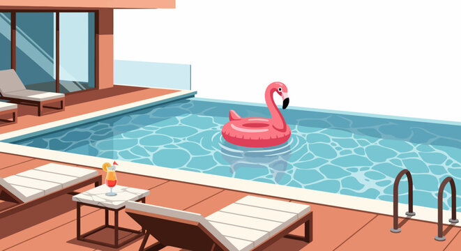 Pink flamingo inflatable floating in a swimming pool.