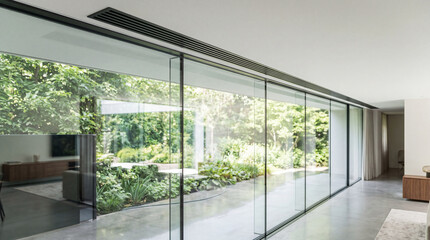 Fototapeta premium Linear slot diffuser HVAC vent running along top edge of luxury interior glass wall partition