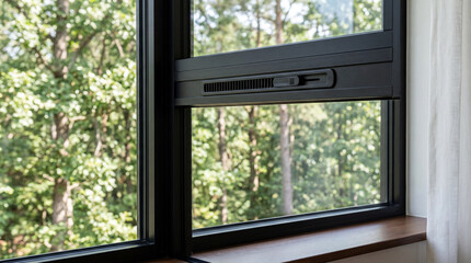 Fototapeta premium Clean Dust Free Residential Window Trickle Vent Built Into Black Anodized Aluminum Window Frame Hardware
