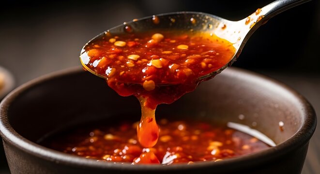 Spicy red chili sauce dripping from spoon into hot wok with vibrant texture. sambal oelek