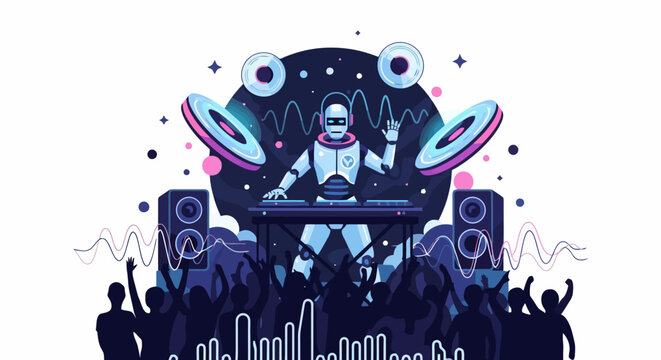 Robot DJ performing for a dancing crowd at a futuristic music concert.