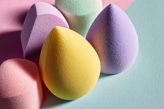 Group of assorted pastel makeup sponges for product mockup with cosmetic applicator accessory skincare colorful foundation blending aesthetic background professional cosmetology equipment