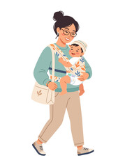 Fototapeta premium Mother carrying her cute baby in a fabric carrier while walking on a white background