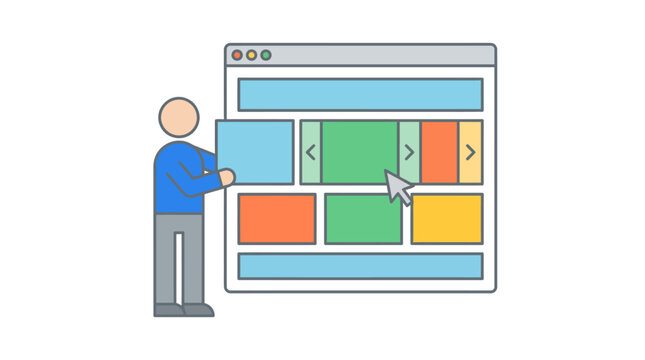 Web page design and development concept with a person arranging elements on a browser window, illustrating responsive layout and user interface creation.