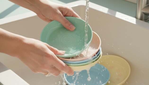 Colorful plastic children plates and cups being washed with care in soapy water in a vibrant kitchen