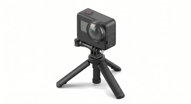 3D Isometric Compact Action Camera on Mini Tripod, Digital Vlog Cam with Glass Lens, Isolated on White