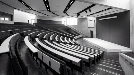 Fototapeta premium Monochromatic modern university lecture hall designed in clean shades of charcoal grey and pristine white