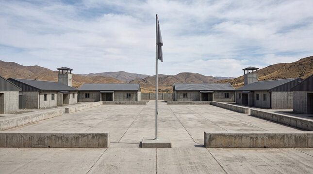 Symmetrical Central Square Of Minimalist Military Outpost Featuring A Single Unbranded National Flag Flying High