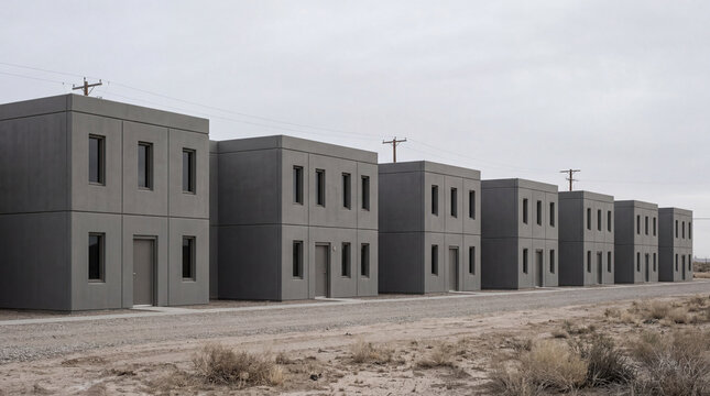 Row of repetitive neat military soldier barracks quarters featuring precise architectural angles and uniform windows