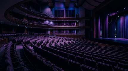 Fototapeta premium Empty Auditorium At Dusk Featuring Purple Blue Ambient Lighting And Cinematic Modern Interior Architectural Serenity Atmosphere