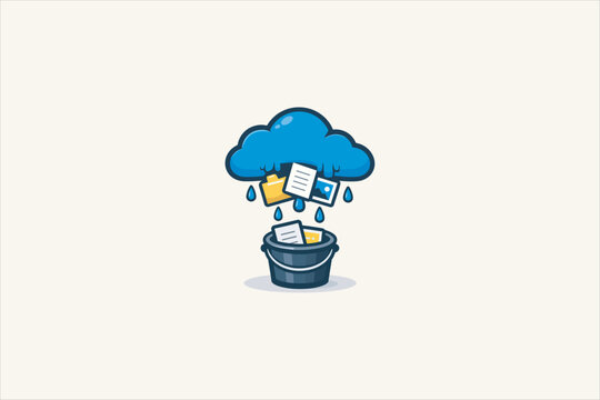 Cartoon illustration of data, files, and images raining down from a blue cloud into a bucket. Cloud storage backup, data leak, or recovery concept isolated on plain background. Vector illustration.