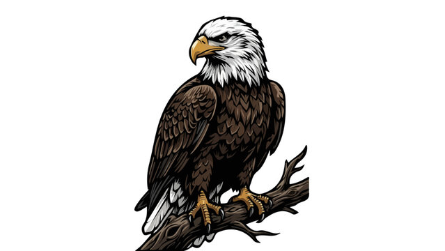 Majestic bald eagle illustration perched on a wooden branch isolated on white background