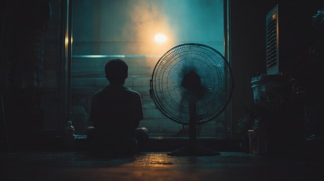 A solitary figure sits in darkness, facing a whirring fan and a dimly lit window, creating an atmosphere of contemplation and solitude