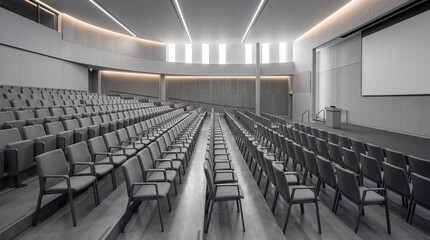 Fototapeta premium Monochromatic minimalist university lecture hall with clean grey colors and neat empty seating row arrangement