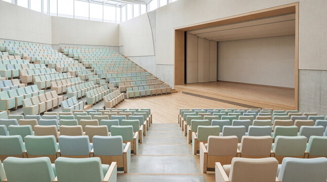 Modern university theatre hall showing neat geometric patterns and bright pale colorful empty classroom chairs