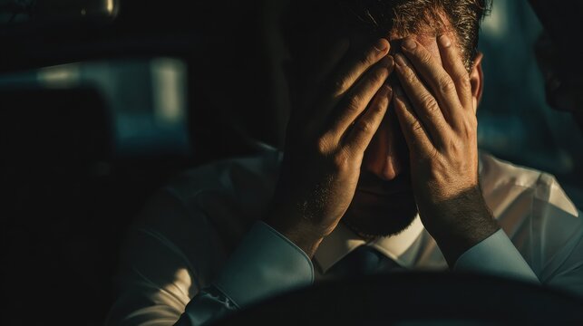 A stressed businessman holding his head in his hands while sitting in his car, illuminated by dramatic lighting. He appears to be overwhelmed or defeated