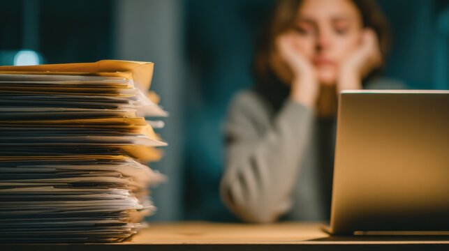 A tired businesswoman slumped at her desk, overwhelmed by a large stack of documents. Her head is in her hands as she stares at a laptop screen, highlighting the stress of deadlines and workload