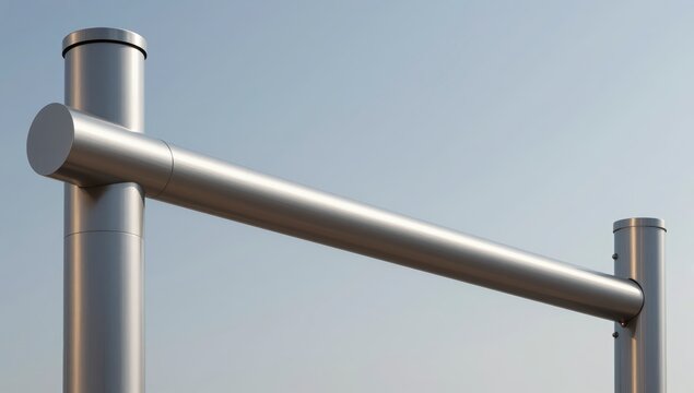 Brushed metal pipes forming a horizontal bar supported by vertical posts against clear sky