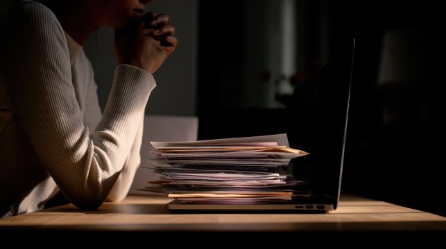 A person clasps their hands together in front of a stack of papers, with a laptop in view, in a dimly lit room, evoking a sense of stress or contemplation.