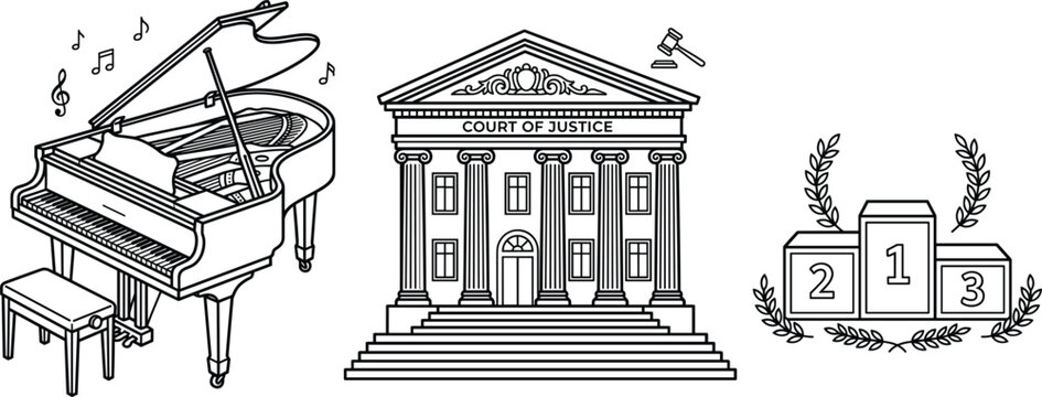 Grand piano court of justice building and winners podium line icons set vector illustration for legal music success