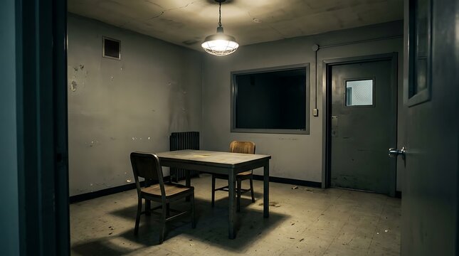 Empty interrogation room with wooden table and chairs under hanging light in dim police station