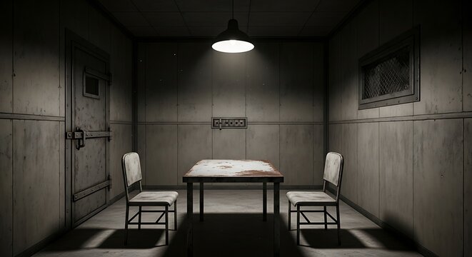 Empty interrogation room with wooden table and chairs in dimly lit concrete cell