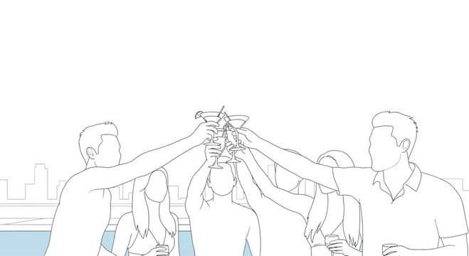 Group of people clinking glasses together.