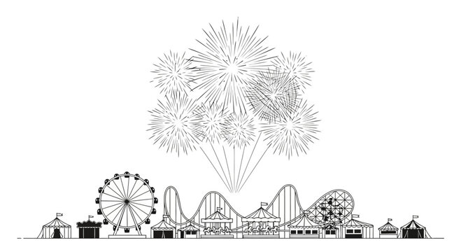Black and white amusement park scene.