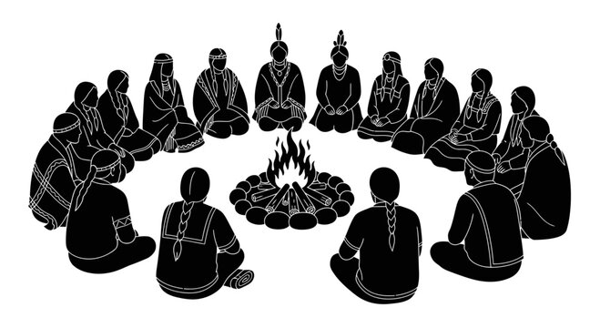 People sitting around a campfire together.