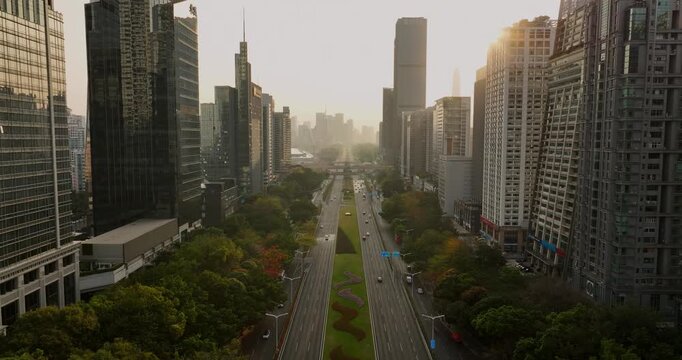 Aerial footage of downtown landscape in shenzhen city, China