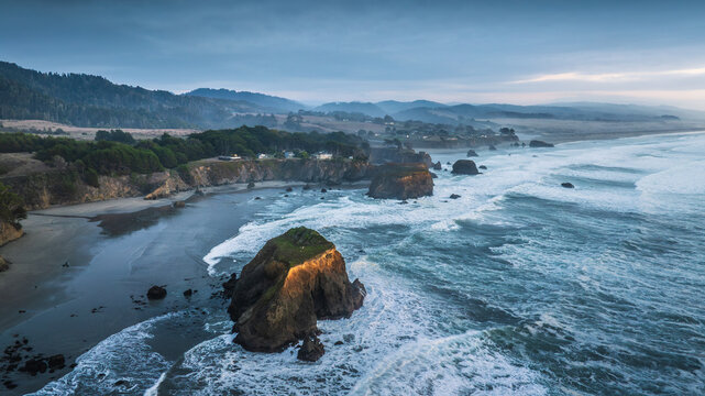 Aerial view of the natural scenery of the Pacific coastline of Fort Bragg, California, USA.