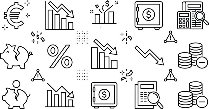 Financial crisis economic recession line icons set with broken piggy bank downward chart safe box euro percentage symbols