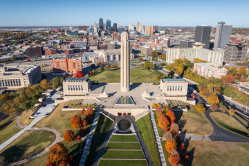 Aerial view of the World War I Memorial Plaza in Kansas City, USA.