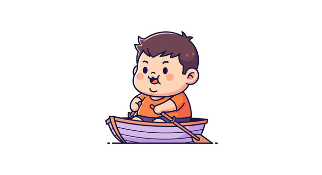 Young boy happily rowing small wooden boat indoors.