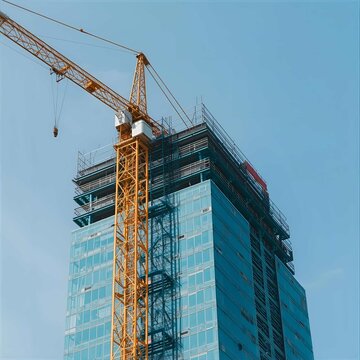 Construction site with crane building modern skyscraper in urban city development