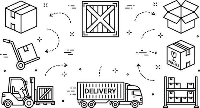 Logistics and delivery line icons set with warehouse storage rack forklift truck wooden crate cardboard box fragile package
