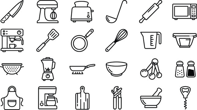 Kitchen utensils and cooking appliances line icons set with knife mixer toaster microwave coffee maker blender frying pan