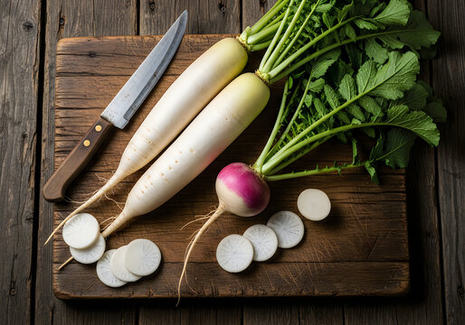 Two white daikon radishes sliced on wooden cutting board with knife