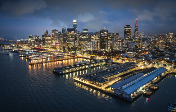 Aerial view of the skyline and Fisherman's Wharf in San Francisco, California.