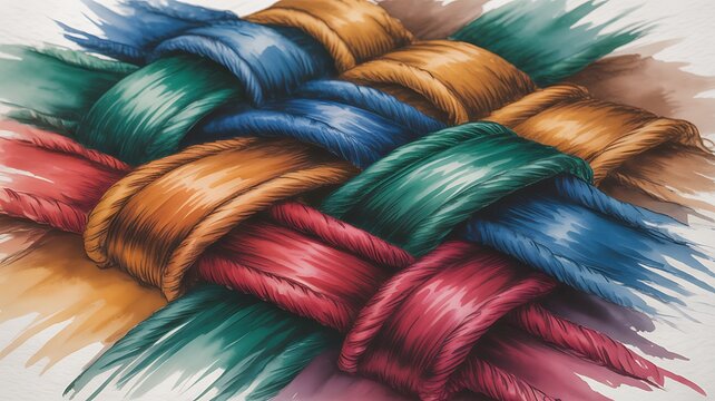 A vibrant and textured close-up of interwoven colorful threads, creating a visually appealing fabric pattern