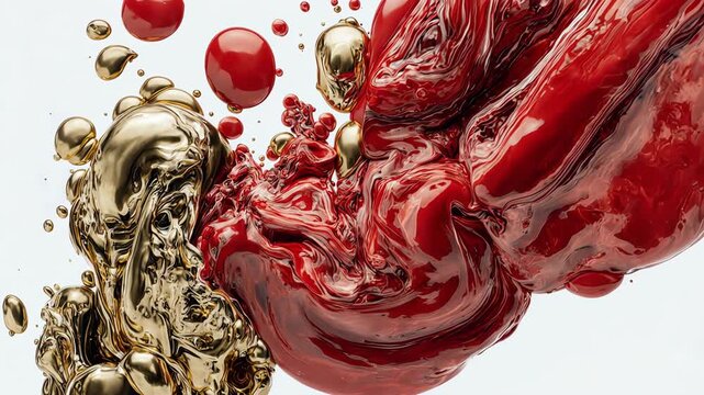 Thick Red Oil Paint and Golden Acrylic Mixing in Mid-Air
